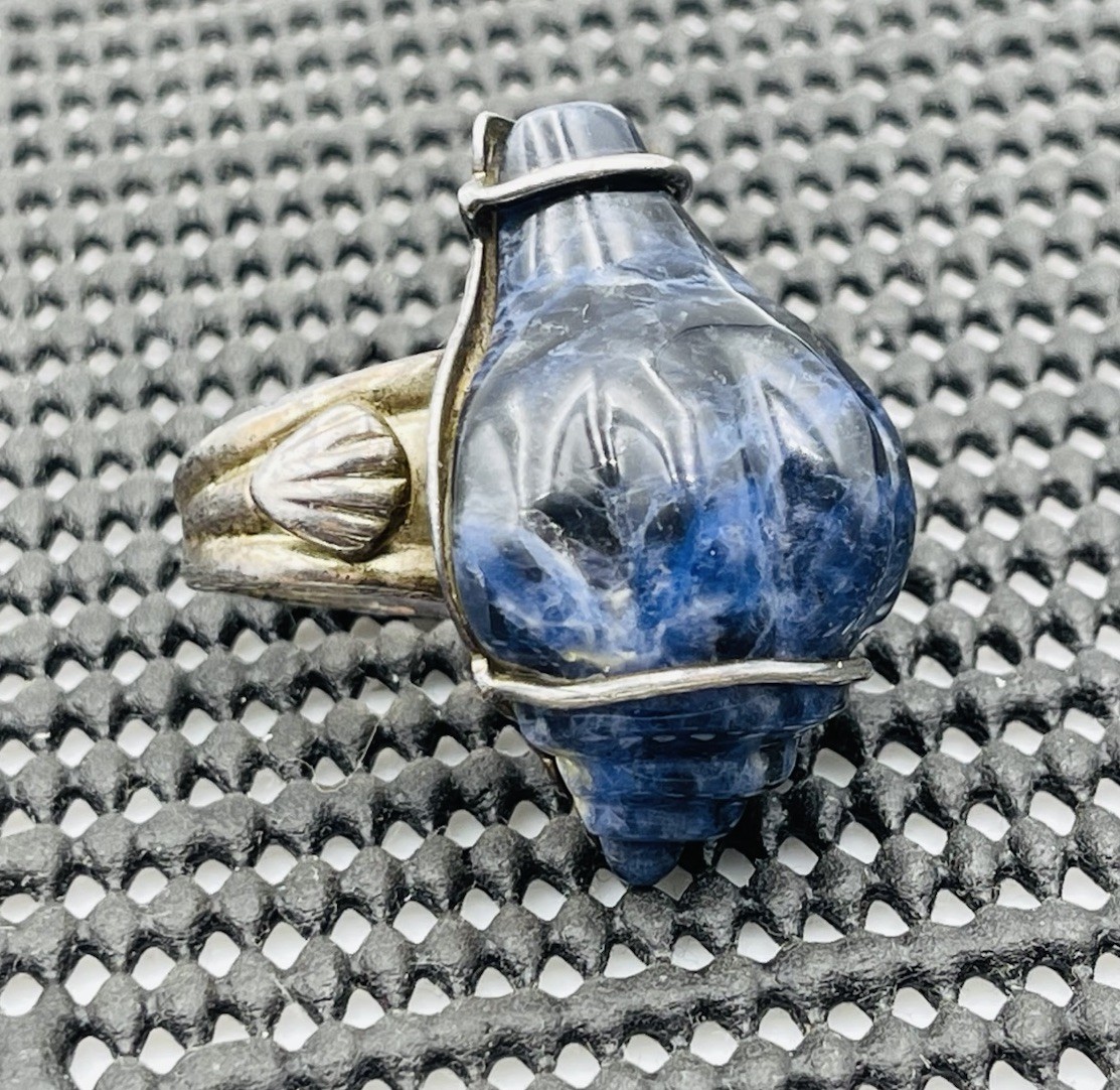 Amy Kahn Russell Vintage Sterling Silver Blue Sodalite Conch Shell Ring Size 7.5