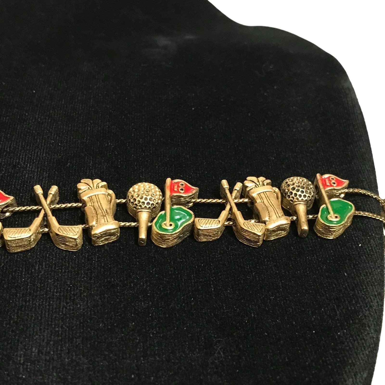 Goldette Vintage Golf Charm Slide Bracelet Gold Tone Enameled 7 Inches