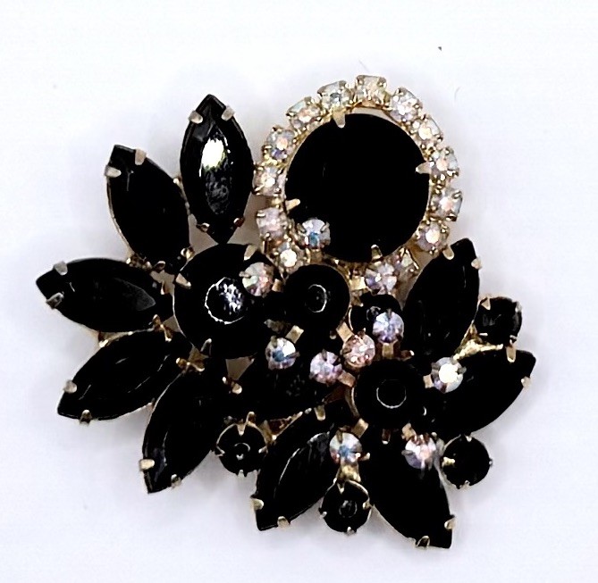 JULIANA Delizza & Elster Black and AB Rhinestone Brooch Vintage Jewelry