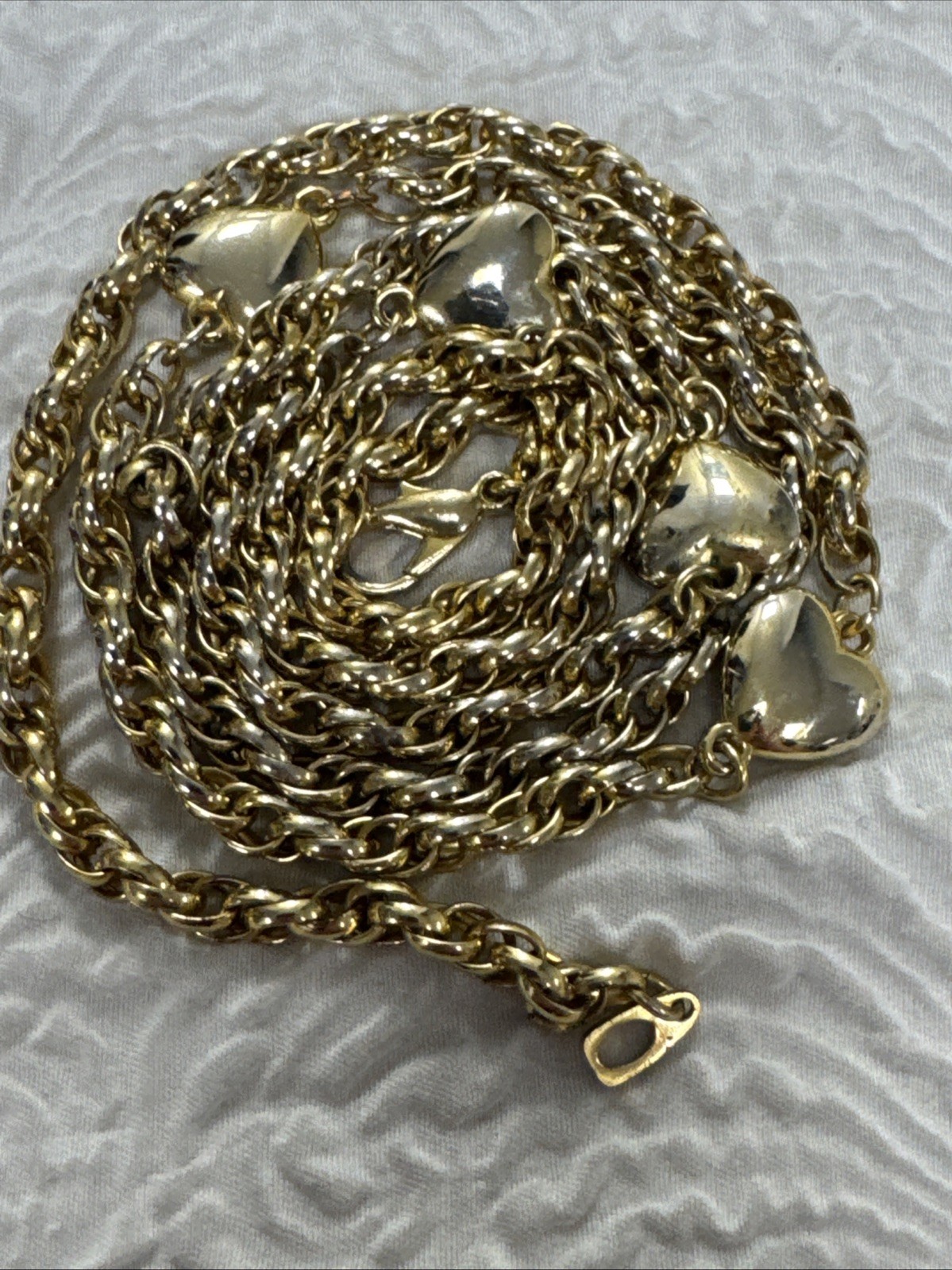 Vintage Gold Tone Multiple Puffed Heart Charms Station 36” Necklace