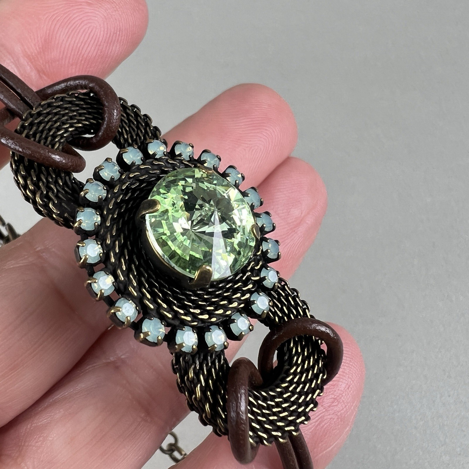 Vintage Van Galz Bracelet Leather Green Rivoli Rhinestone q3z