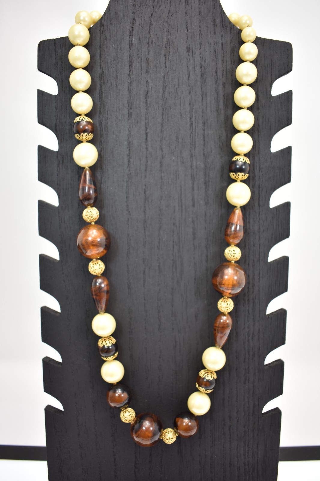 Vintage chunky brown and faux pearl beaded statement necklace with gold tone