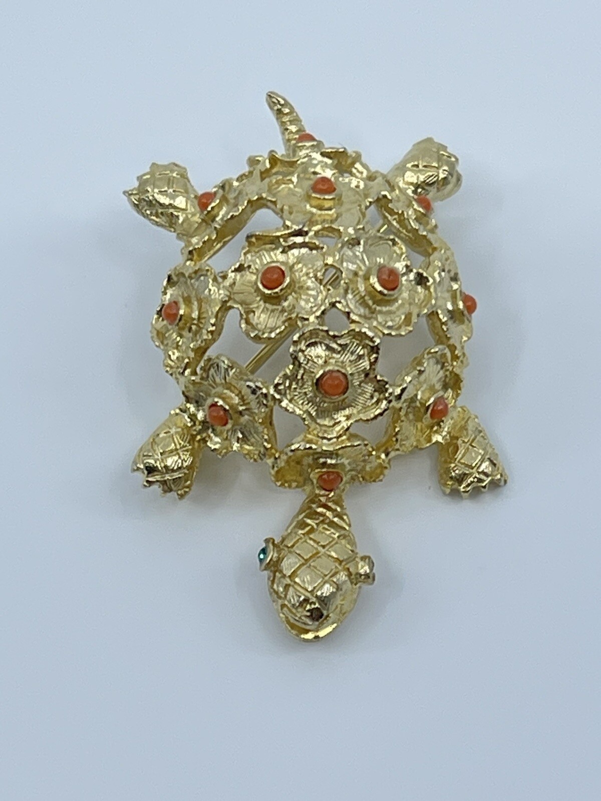 Vintage Brooch Pin De Nicola turtle faux coral and green rhinestone 1-3/4″