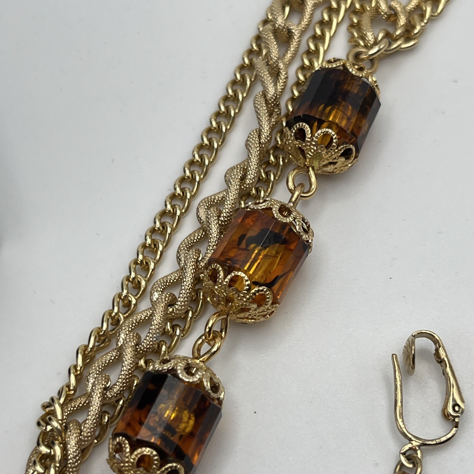 Vintage Sarah Coventry 50″ Long 3 Strand Gold Tone Necklace Barrel With Earrings