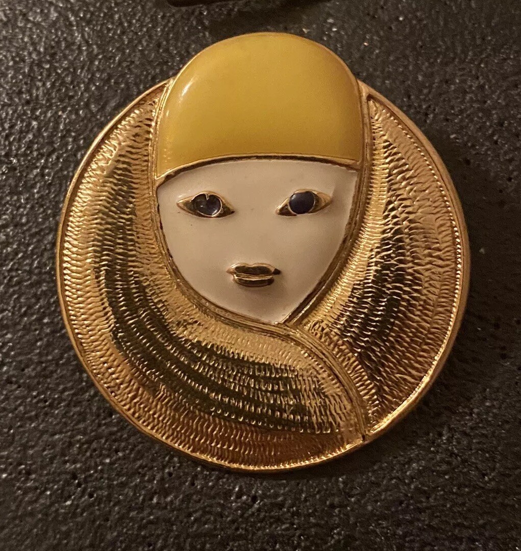 Vtg Signed Orena PARIS Retro Enameled Art Deco French Woman Gold Tone Brooch Pin