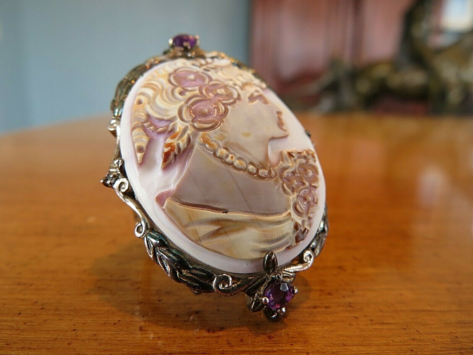 VINTAGE STERLING SILVER CARVED CAMEO AMETHYST RING SIZE 7 39X28MM