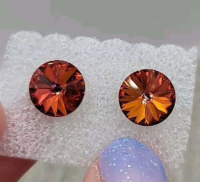 Vtg Iridescent Pink Orange Red Reflective Shiny Round Stud Earrings