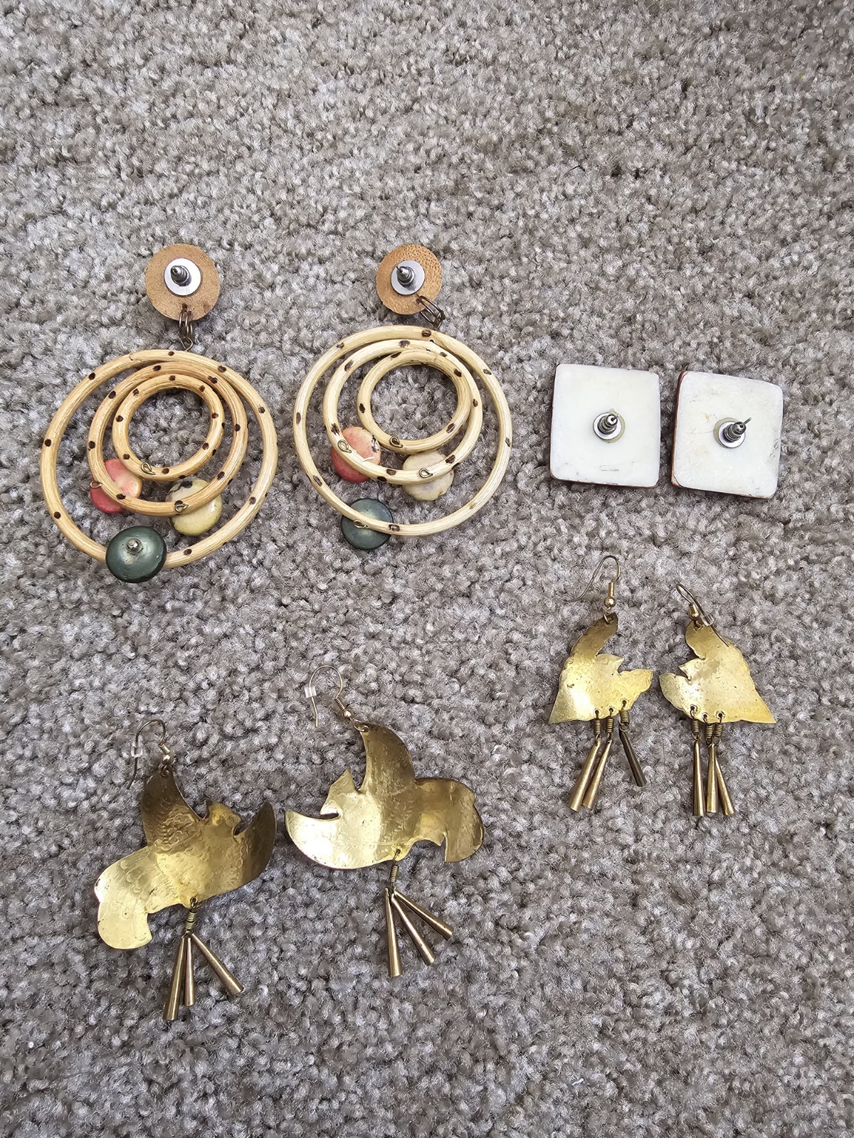 Vintage 4 Piece Lot Boho Earrings Pierced Brass Birds Bamboo Giraffe Art Teacher