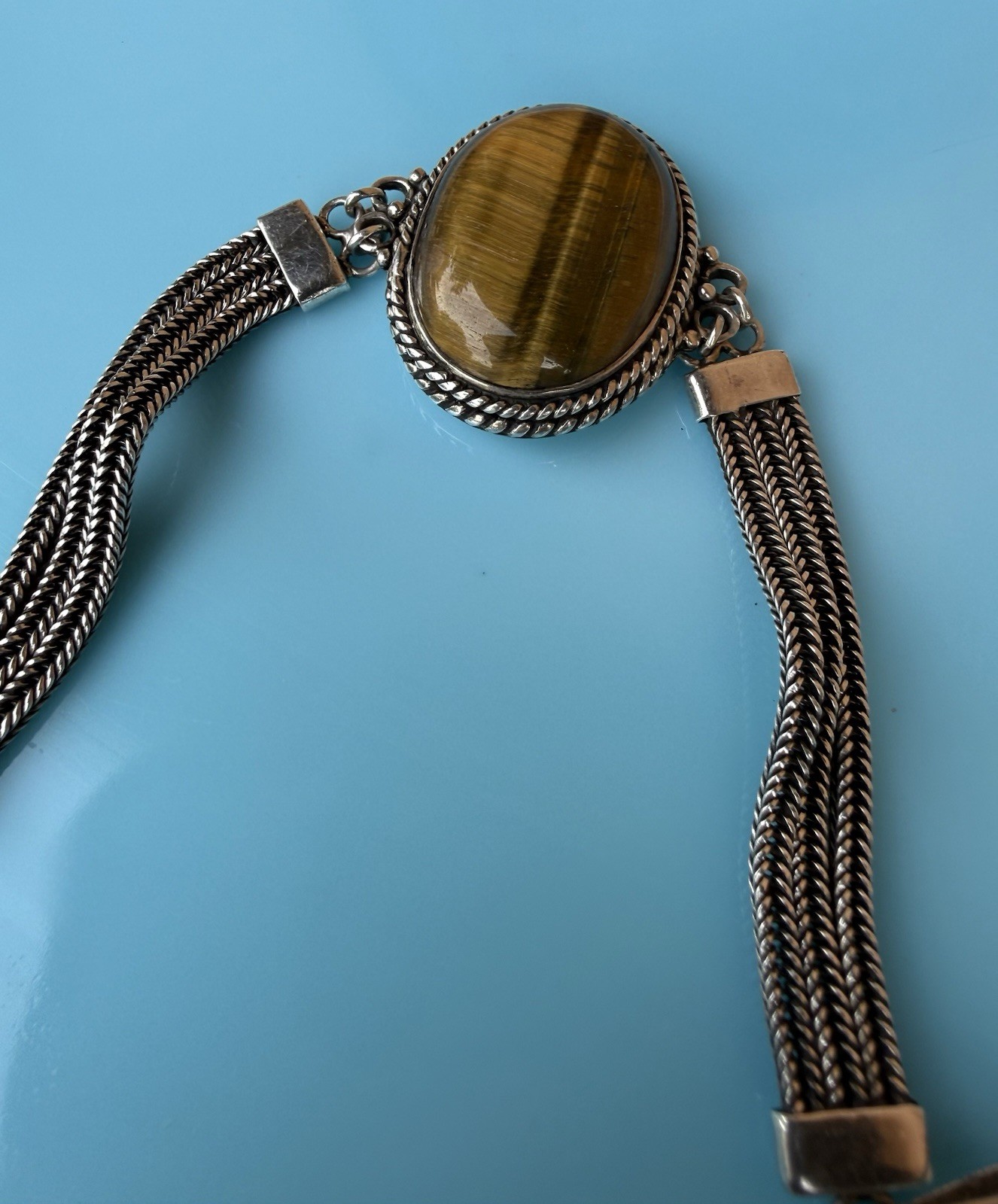 Vintage Sterling Silver 925 Large Oval Tigers Eye Bracelet Hook Clasp 35.4g