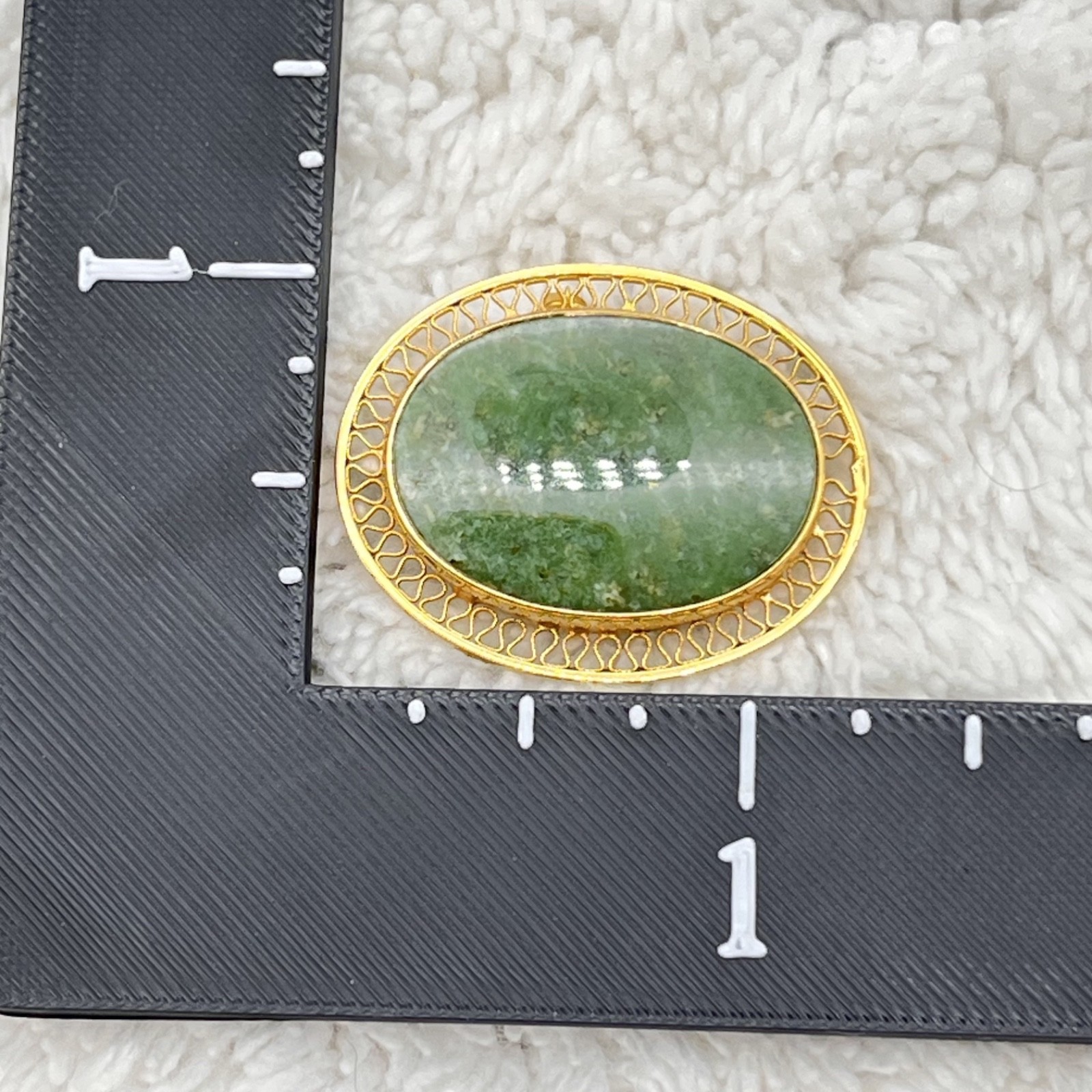 Vintage Green Stone Brooch 12k Gold Filled Signed Burt Cassell 1.25″