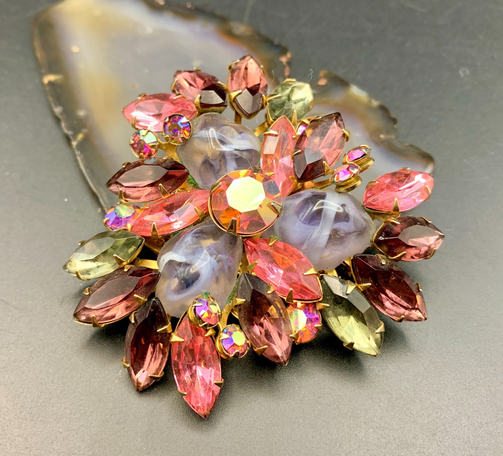 Vintage Beau Jewels Brooch Pink Purple AB Rhinestone Gripoix Glass Unsigned