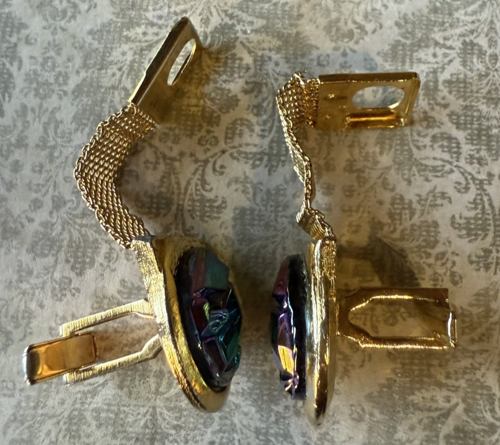 Vintage L.A. Rue Cuff Links & Tie Tack Set w/ Original Box Iridescent Mesh Clip