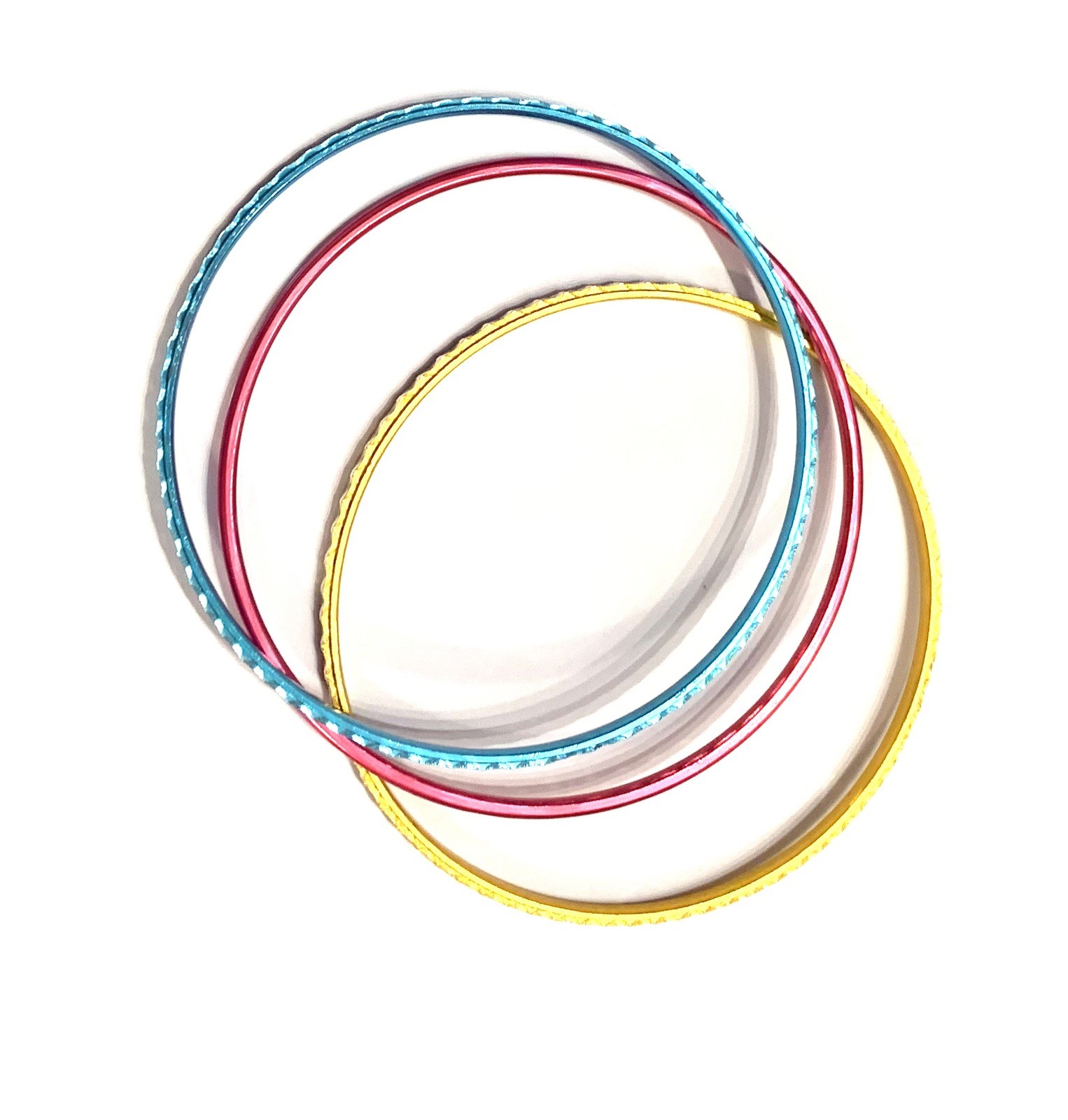 Vintage Aluminum Set 3 Bangle Bracelets Diamond Cut Design Aqua, Fuchsia,Yellow