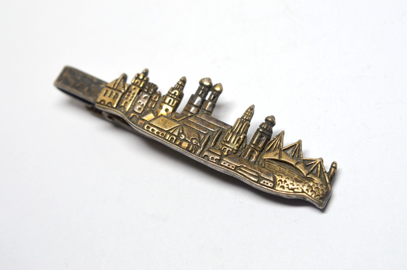 VINTAGE 925 STERLING SILVER CITY VIEW BUILDINGS EUROPE TIE CLASP BAR