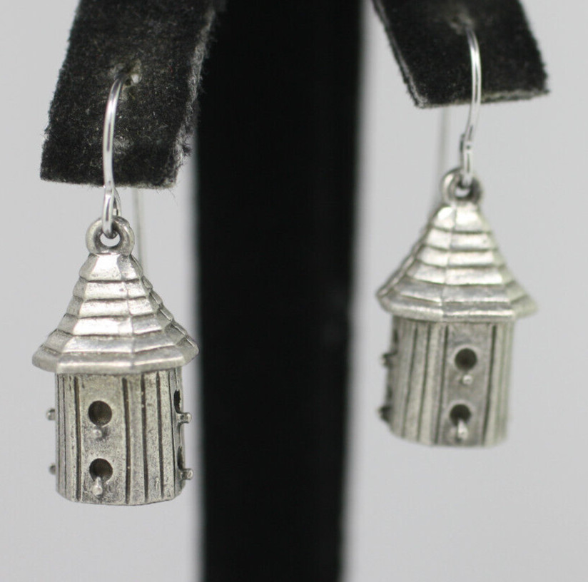 Vintage Clift bird house pewter Dangle Drop hook pierced Earrings