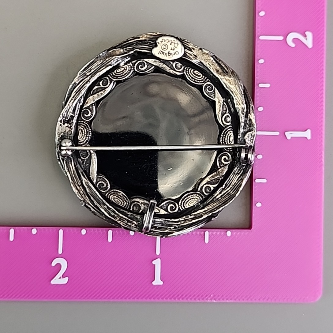 Vintage Original By Robert Cameo Brooch Pendant Black Glass Round Rhinestones 2″