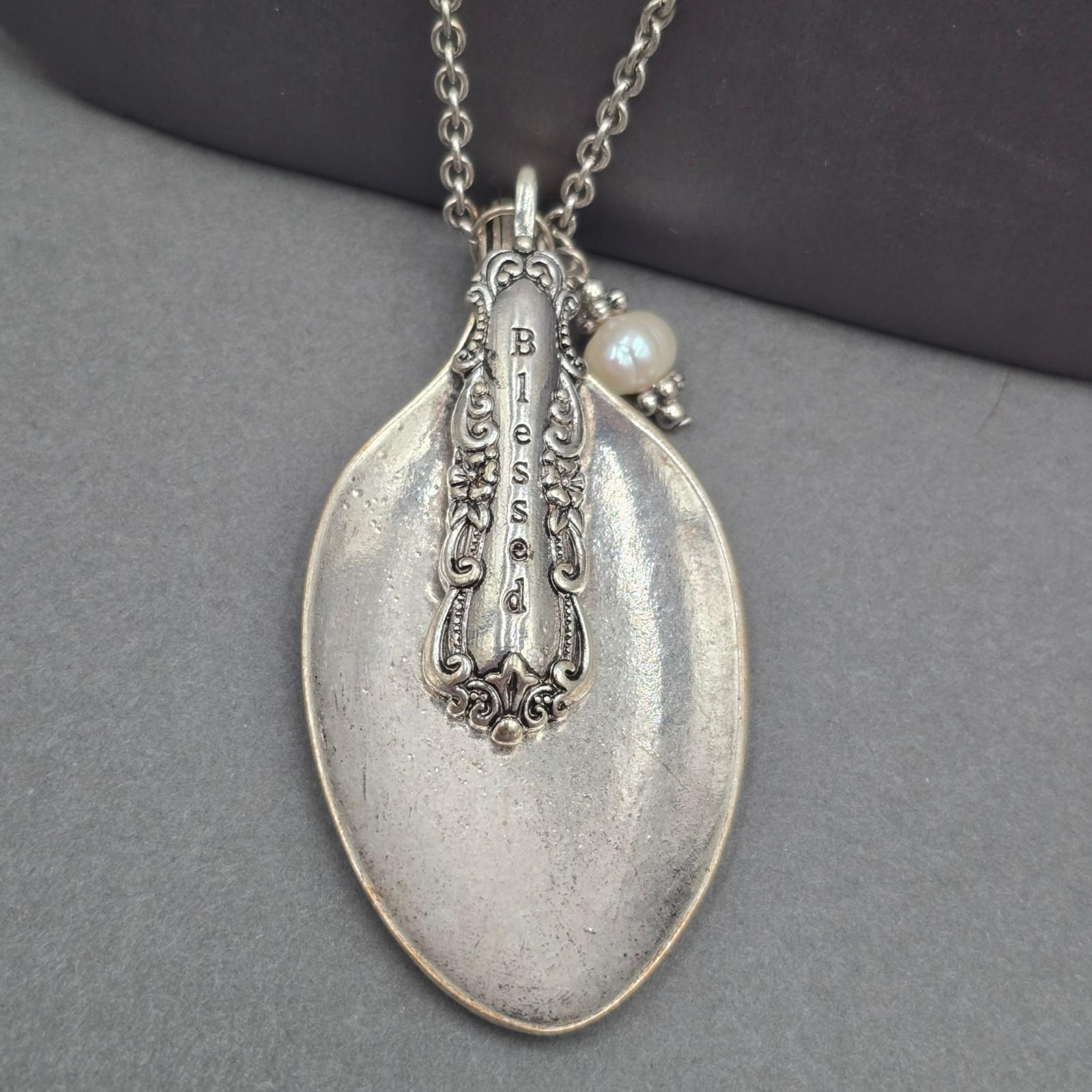 Vintage Blessed Spoon Pendant Necklace Silver Pearl Long Boho Statement Piece