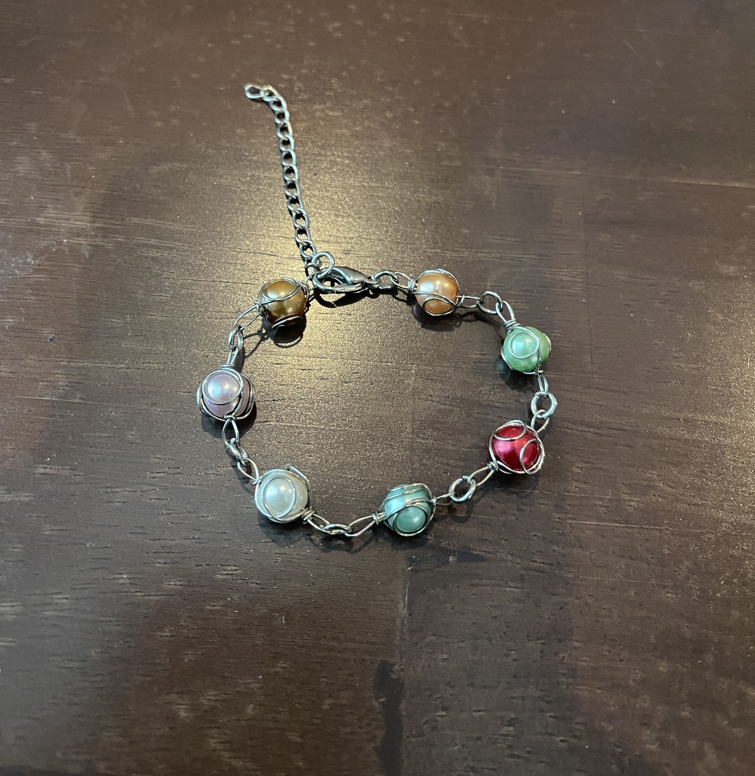 Wire-Wrapped Beaded Bracelet Caged Link Bracelet Cute Dainty Silver Tone Glass