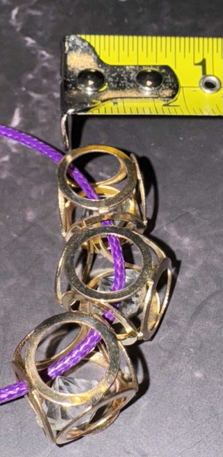 Vintage 1970’s Goldtone & Glass Gem 3 Cube Pendant On Purple Cord Necklace