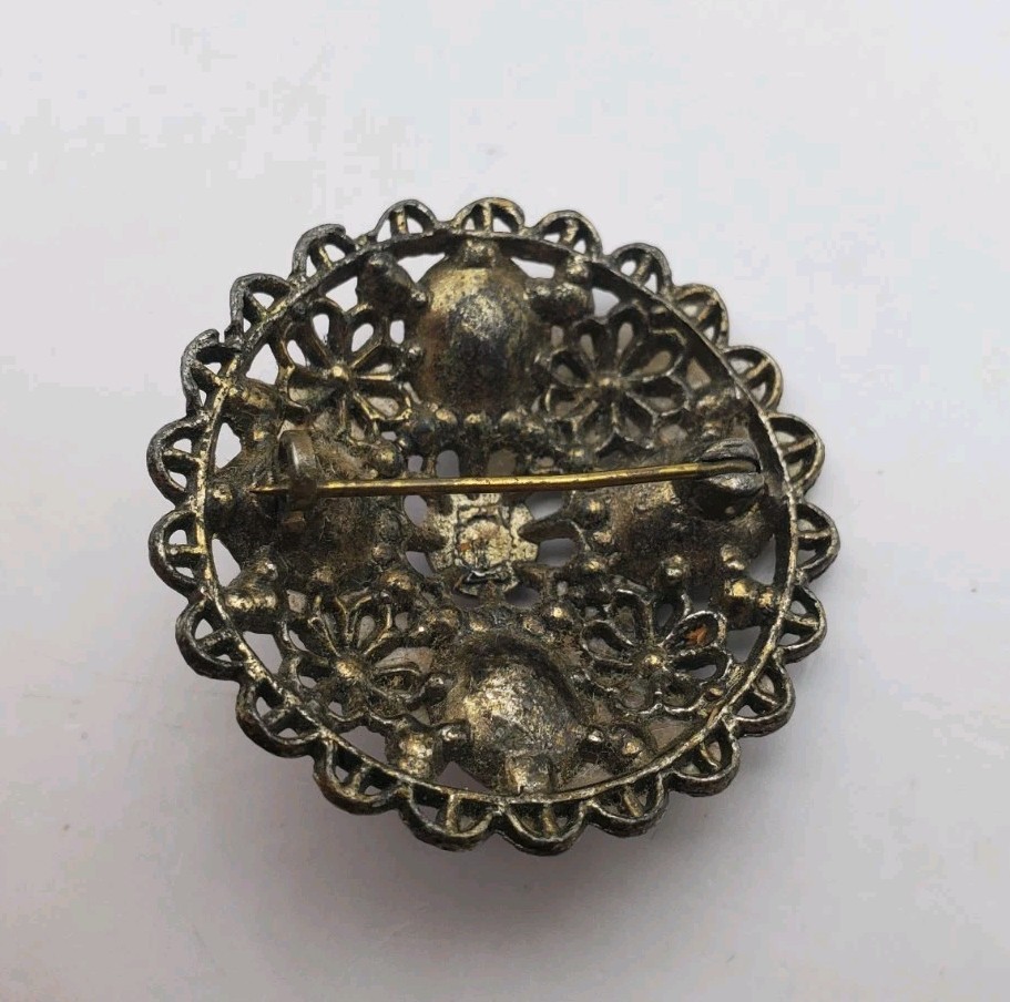 New England Glass Works Vintage Blue Brooch Art Deco Pin Blue Rhinestones 1.5″