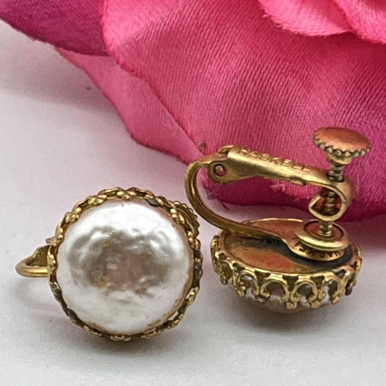 Vintage Miriam Haskell Earrings Faux Pearl Screw Backs .5″ AS IS