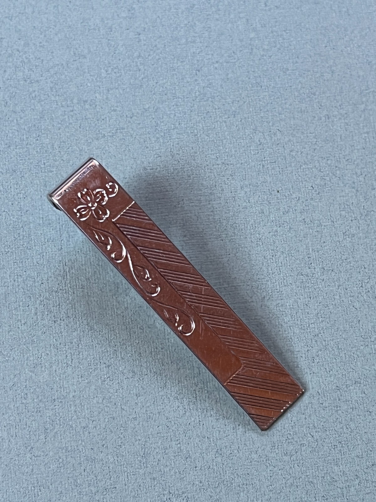 Vintage Etched Floral Silvertone Rectangle Tie Clip – 3/8th’s x 2 inches – GOOD
