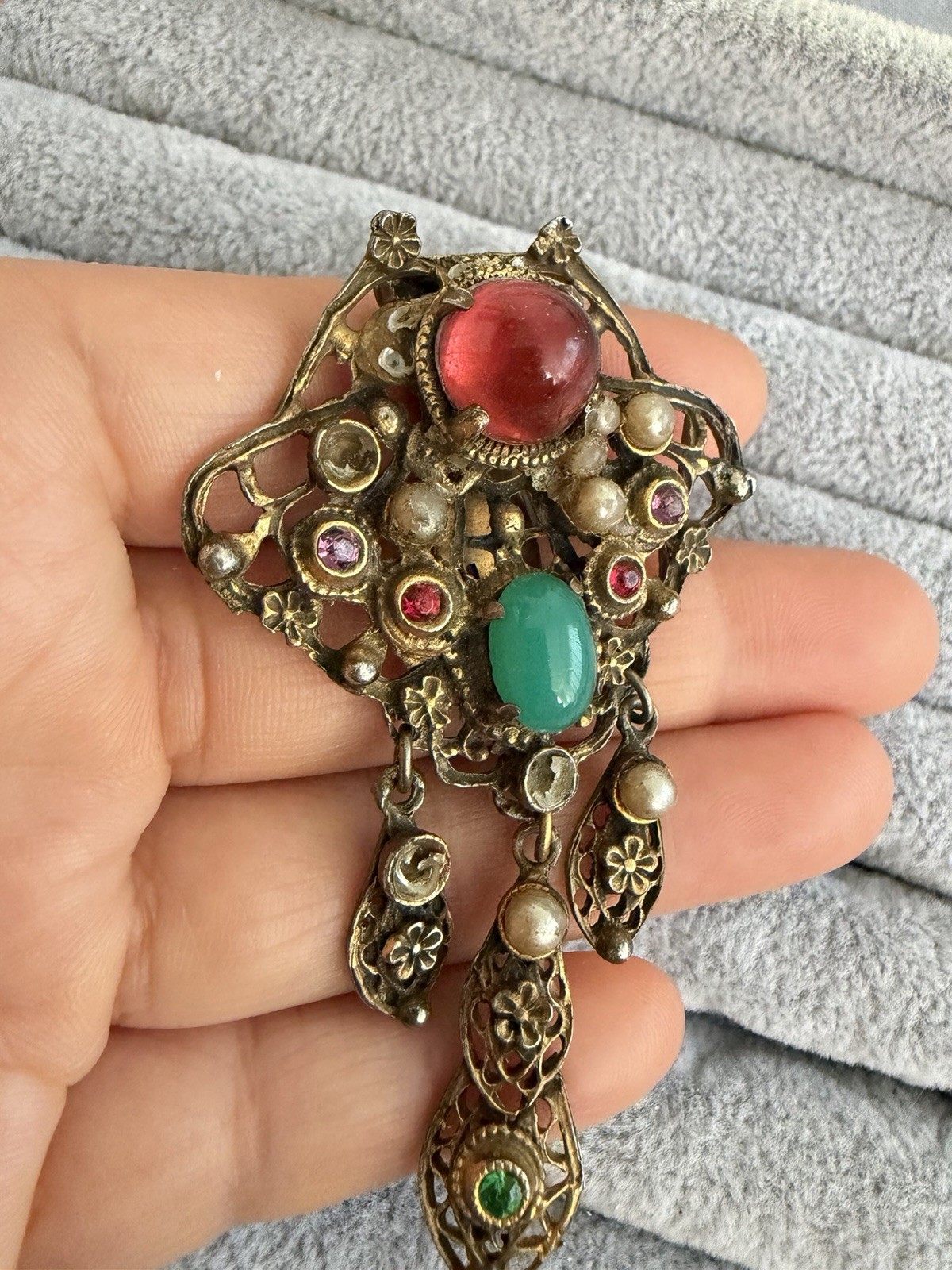 Vintage Filigree Dangle Clip Brooch Faux Pearls Cabochons Rhinestones AS IS