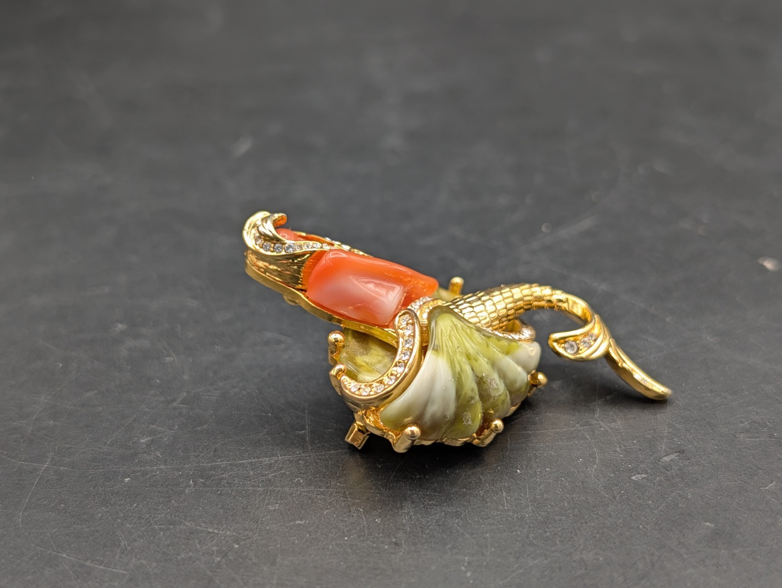 Vintage Hattie Carnegie Mermaid Gold Tone Green Orange Rhinestone 1960s Brooch
