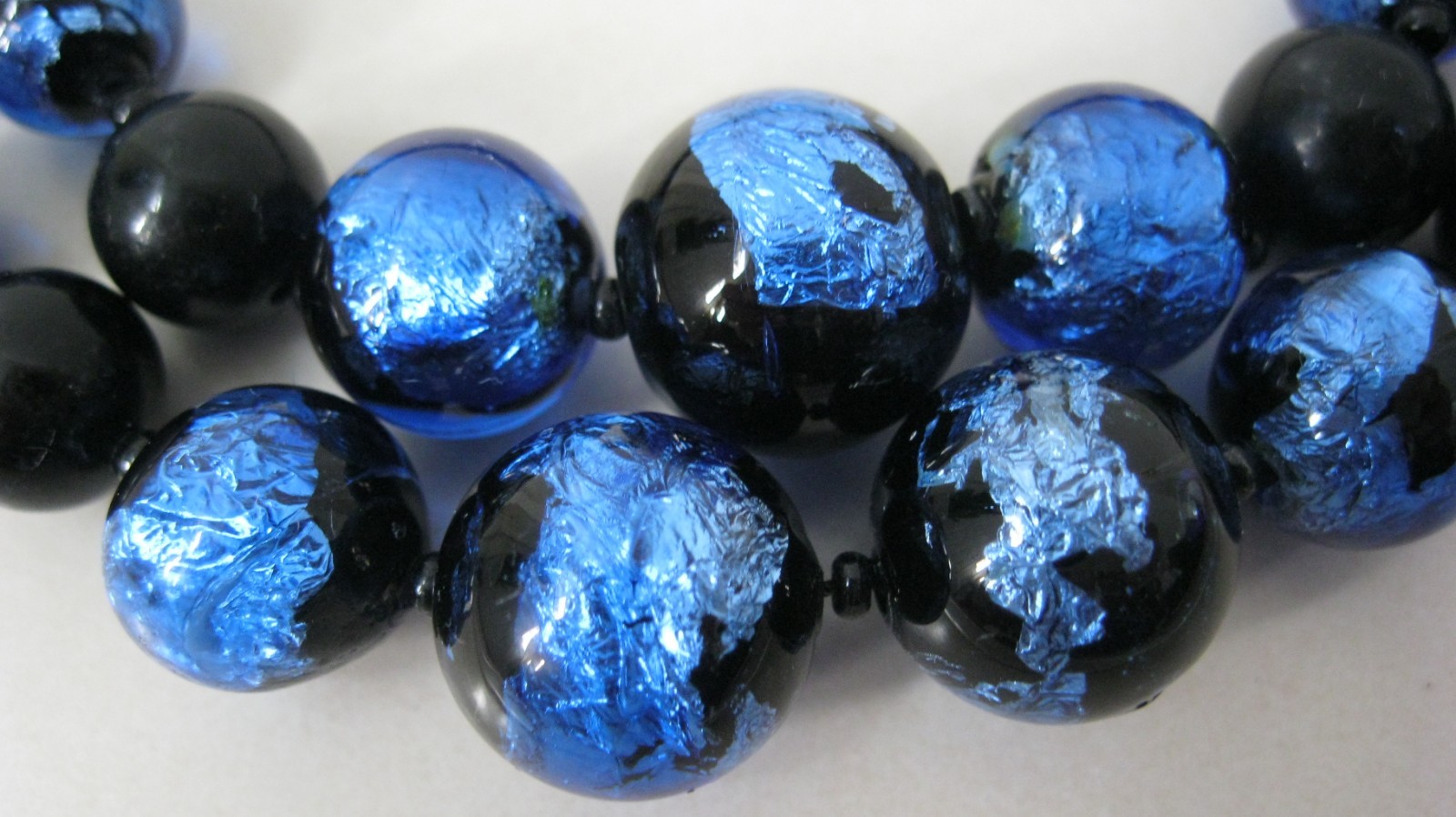 Josef Morton Blue, Black Art Glass Beads 2 Strands Necklace & Clip Earrings Set