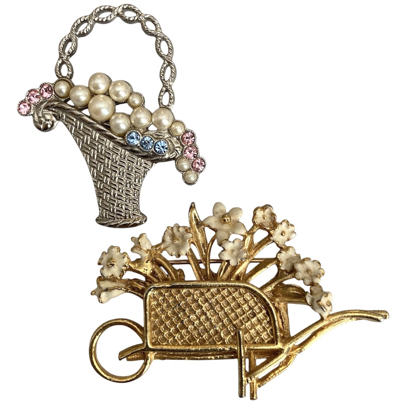 VTG Flower Basket & Wheelbarrow Brooch Lot of 2 Faux Pearls Enamel 1928 Brand