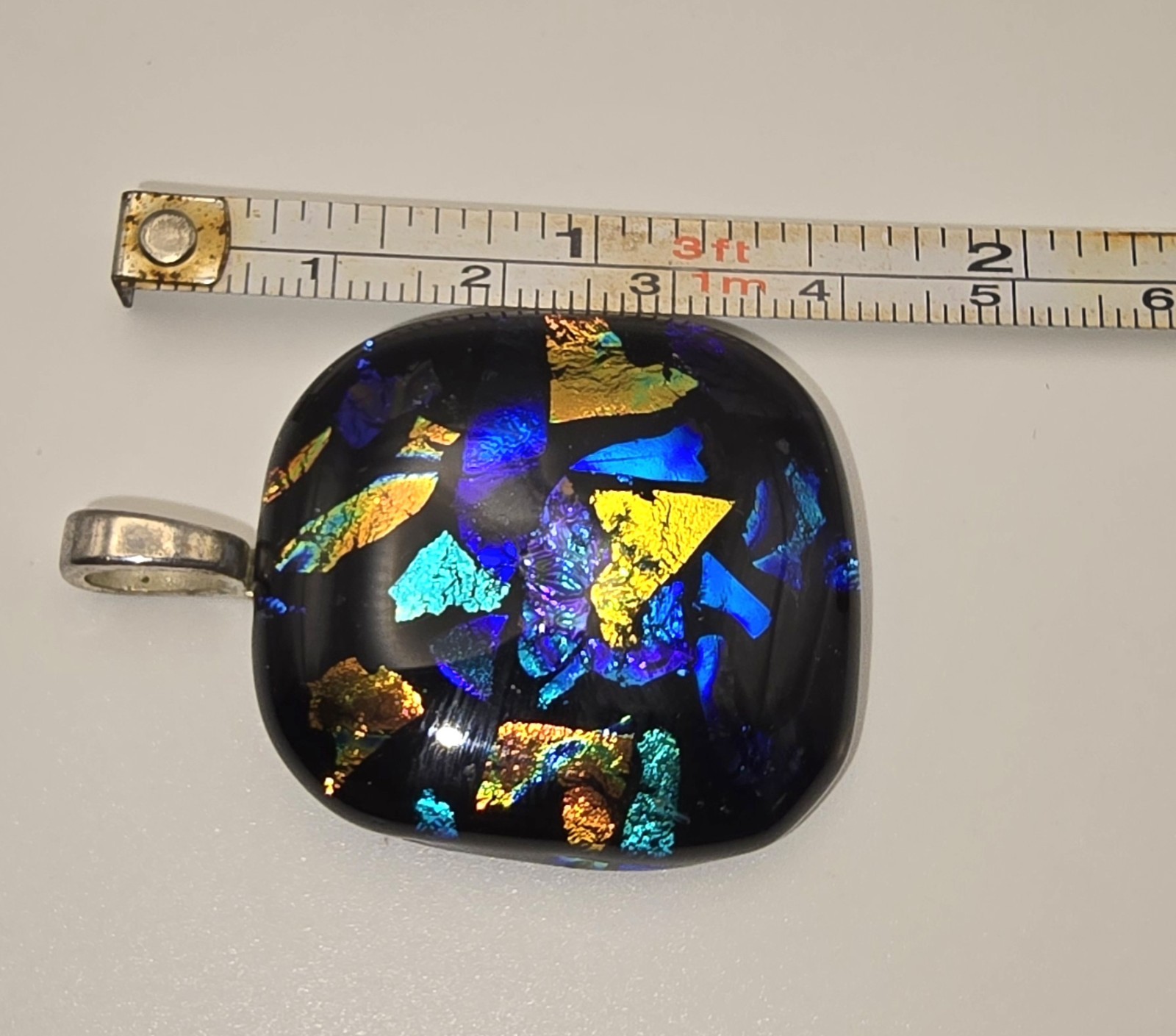 Pendant Silver Tone Blue Glass W/ Purple Green And Gold Colored Flecks -495