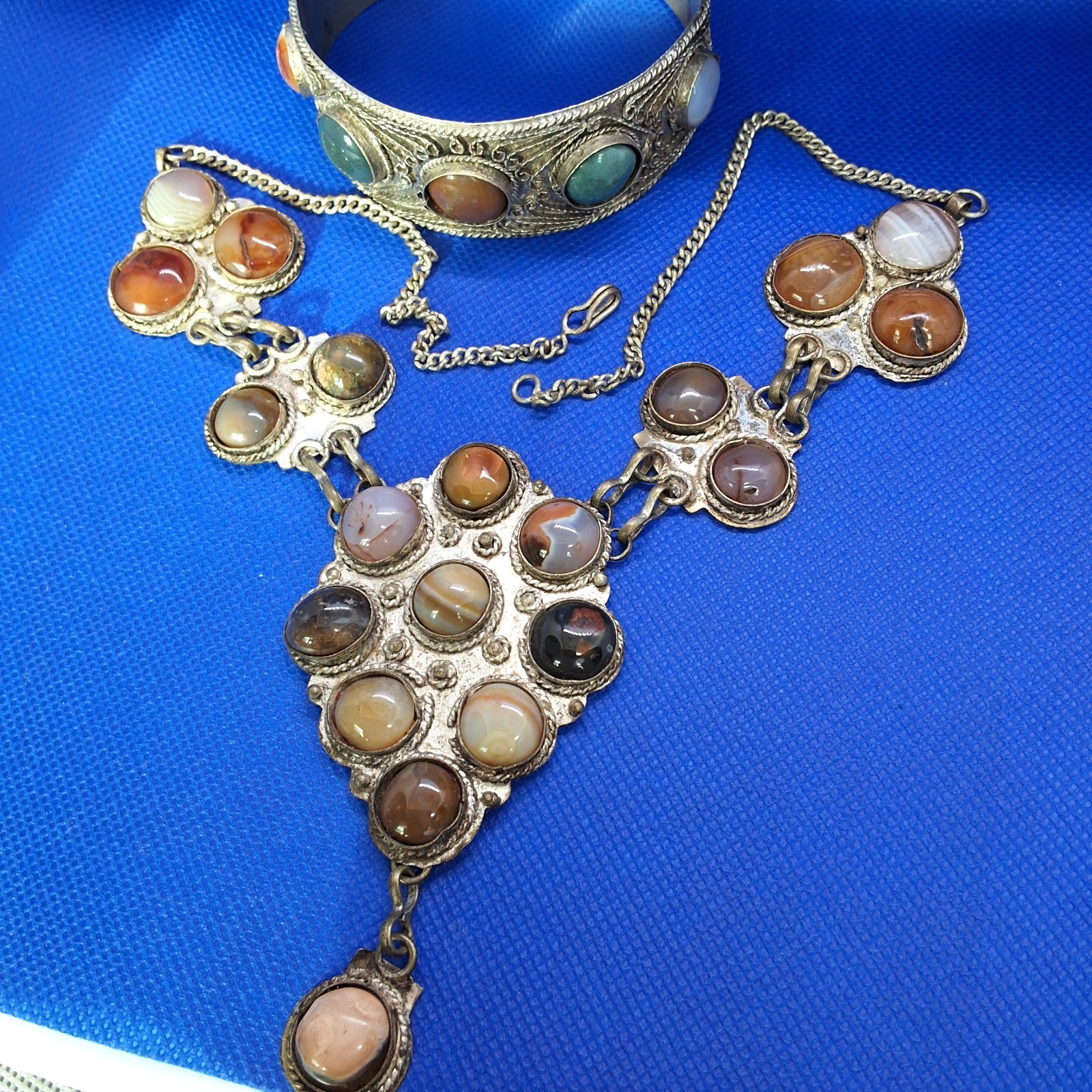 Vintage Tibetan Silver Metal Agate Glass Statement Necklace, Bracelet and Pin