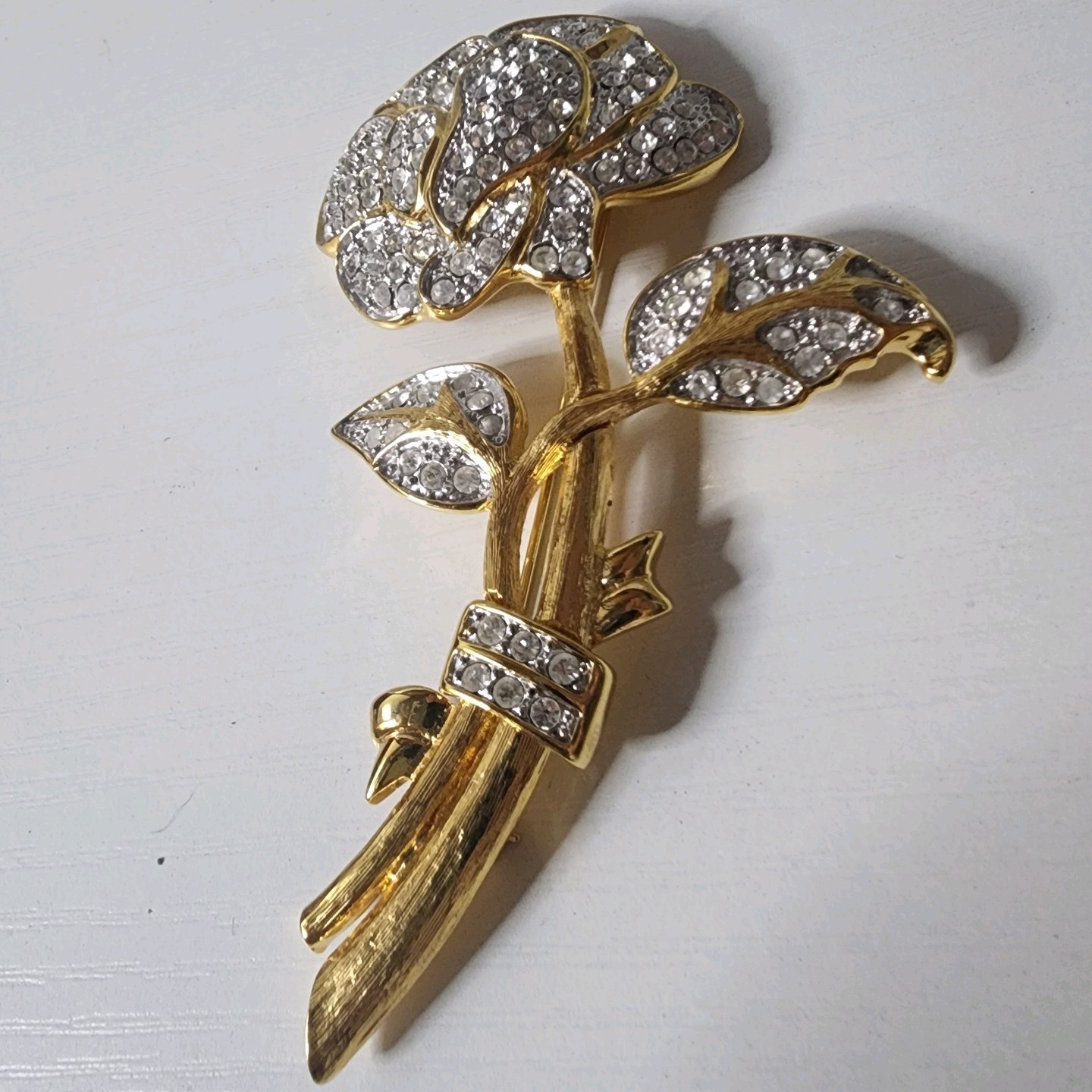 Vintage Nolan Miller Large Brooch Pin Pave Rose Flower Gold Tone & Rhinestones