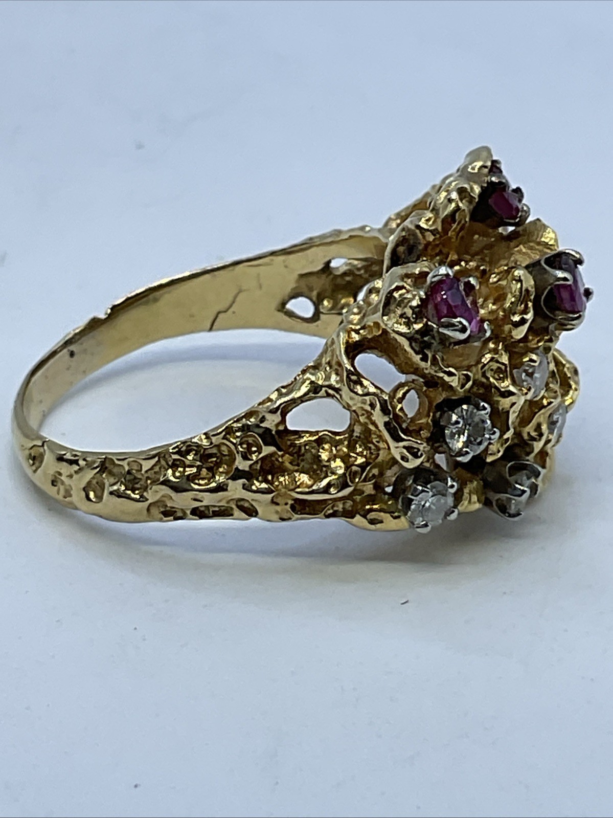 BEAUTIFUL Ladies Ring Solid 17K Yellow Gold Diamond & Ruby VINTAGE HANDMADE10.3g