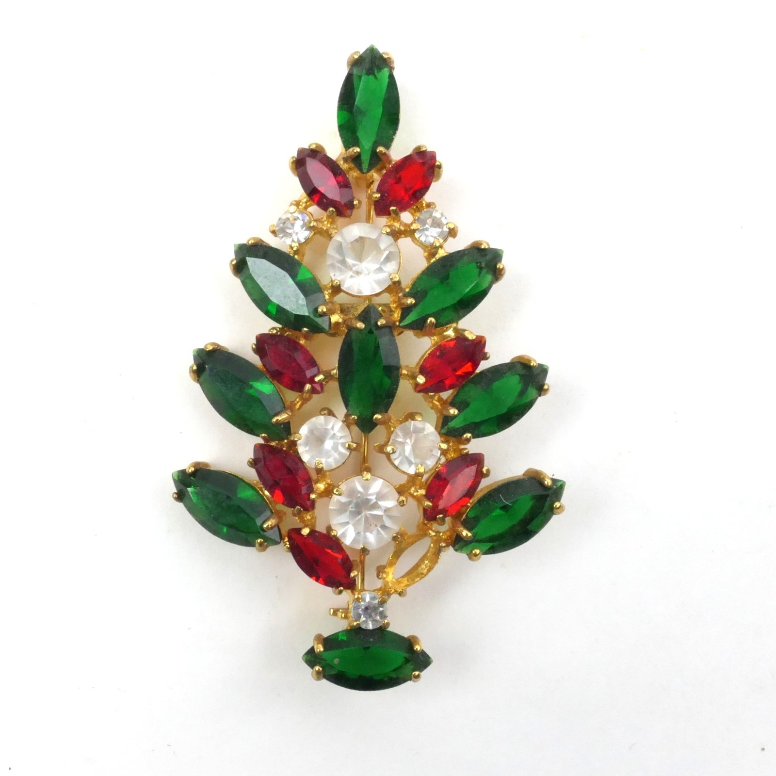 Vintage Eisenberg Ice Christmas Tree Brooch Pin Rhinestone Gold Red Green 2.75″