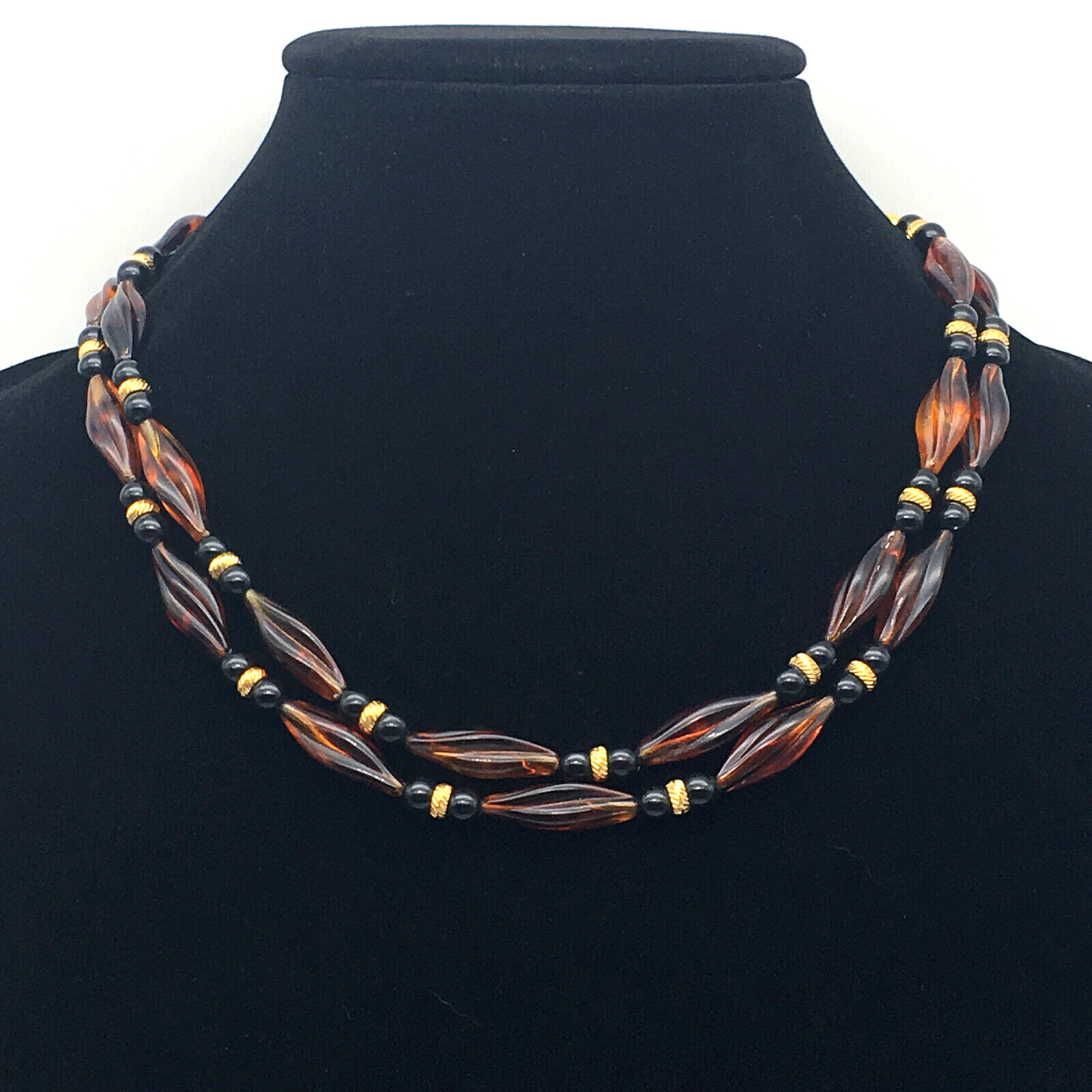 Vintage Honey Amber Twisted/Black Onyx Beads 14K Gold Fill Spacers 38″ Necklace