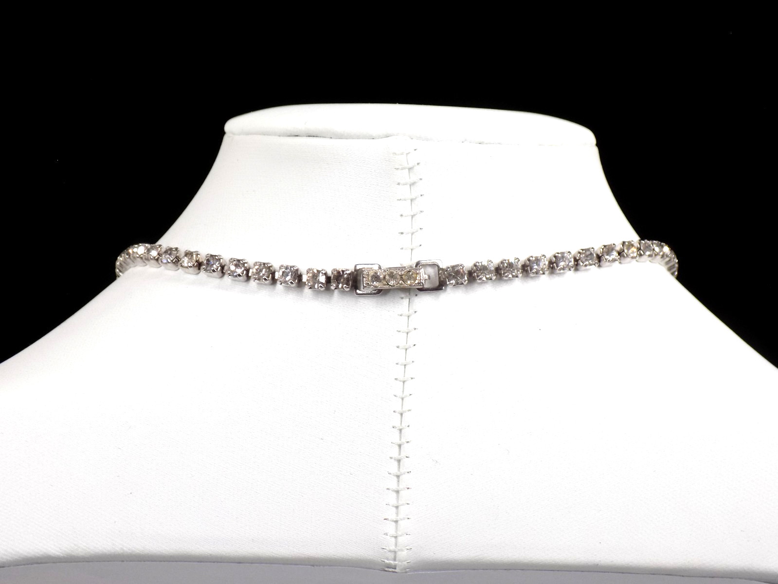 Vintage Rhinestone Cluster Necklace Silver-tone Aqua Blue White Colorless 14.5″