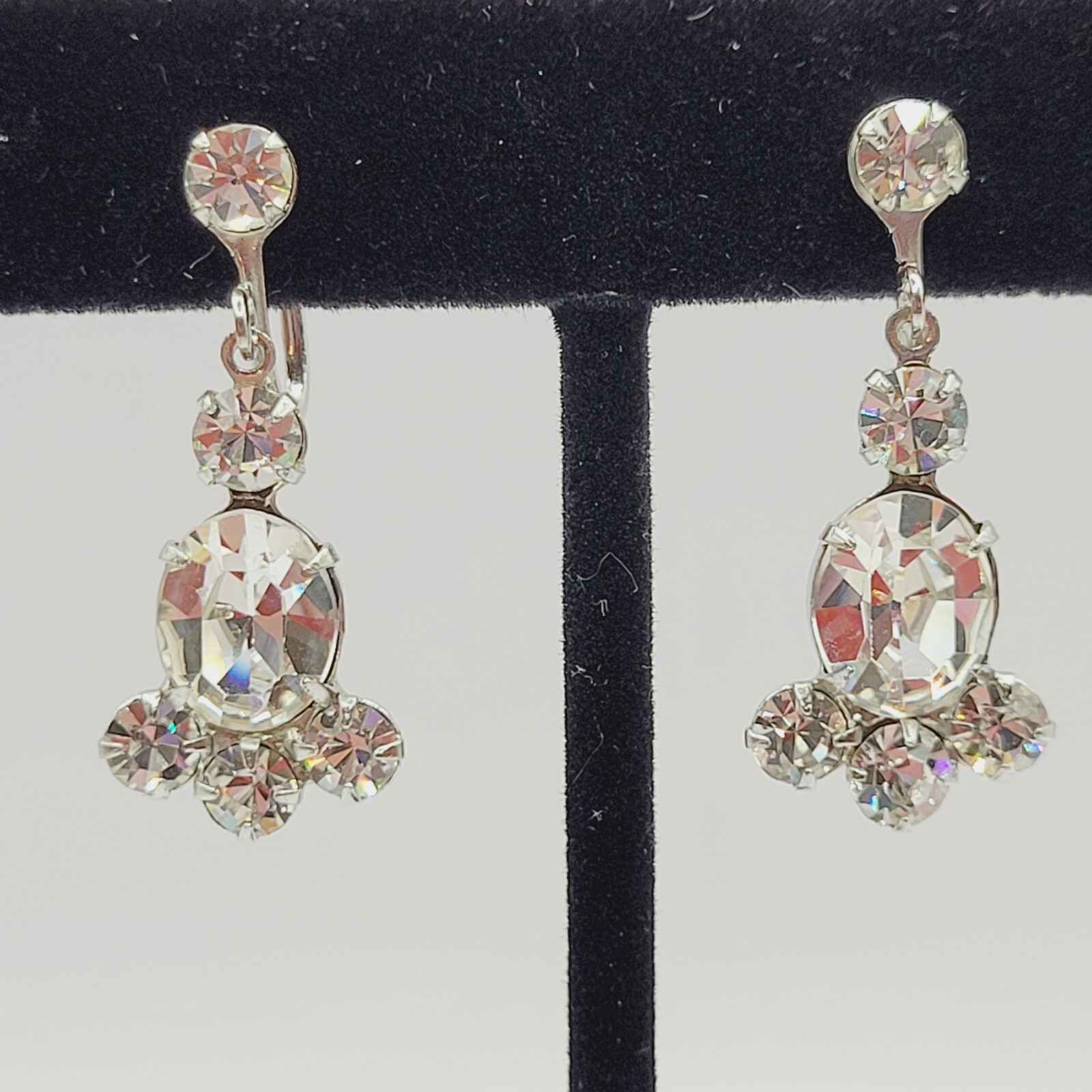 Crystal Rhinestone Cluster Silver Tone Drop Dangle Screw Back Vintage Earrings