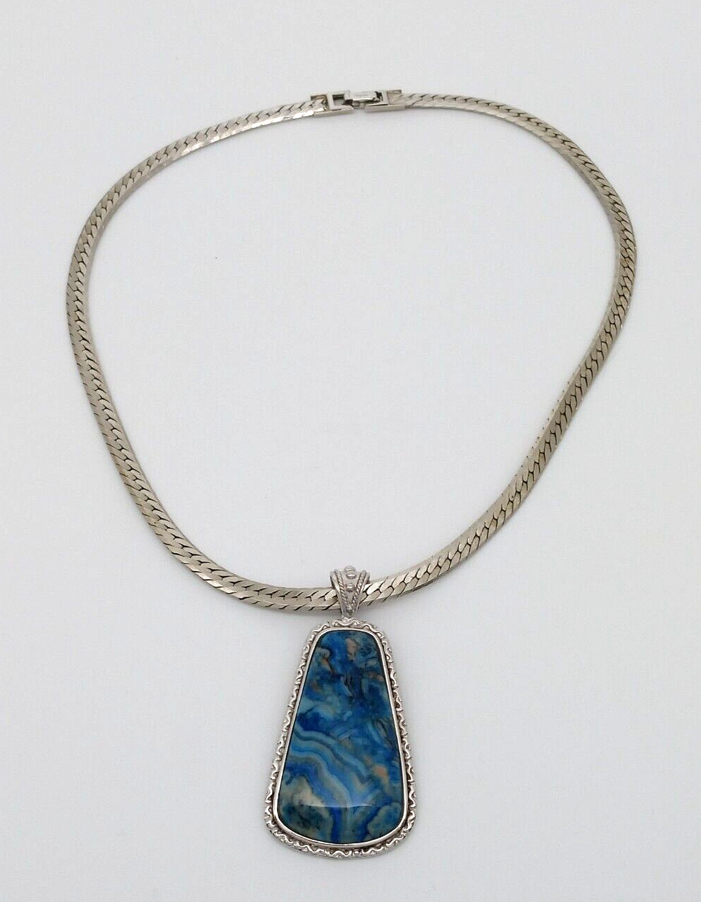 Napier Blue Stone Pendant Herringbone Chain Necklace Silver Tone Metal Shiny!