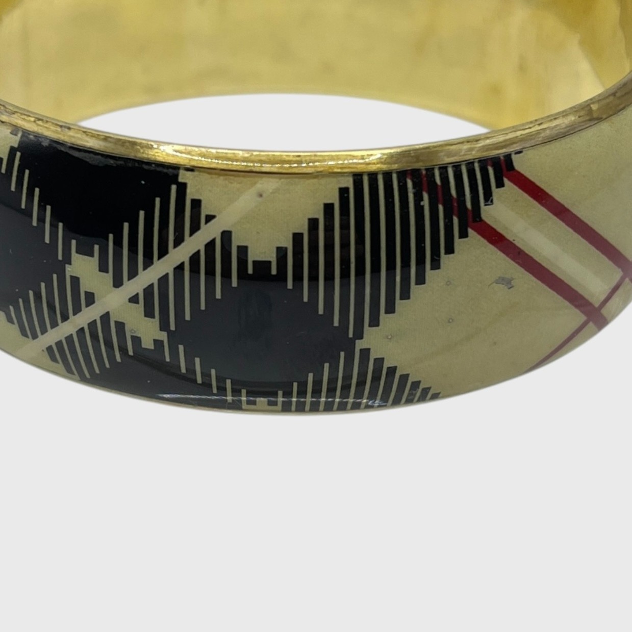 VTG Brass Bracelet Bangle Plaid Resin Metal Gold Tone Wide Chunky Prep Jewelry