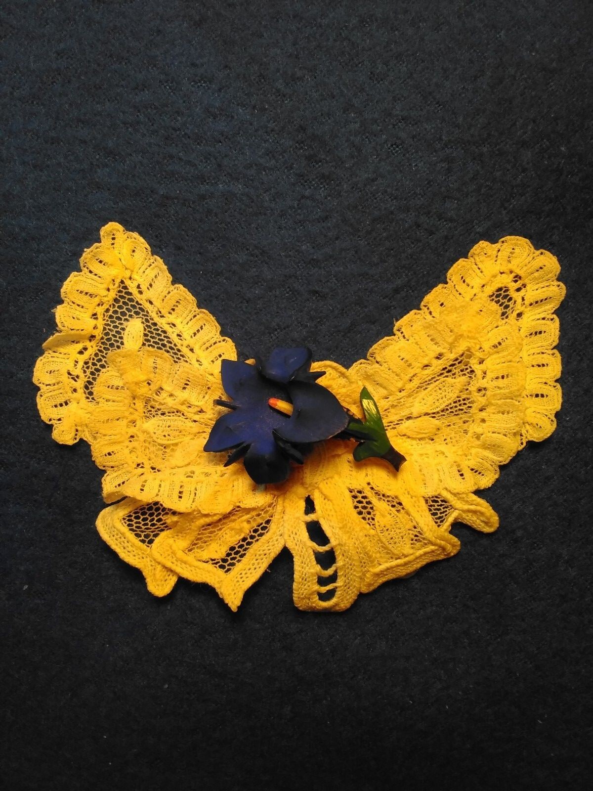 Vintage Violet Blue Floral Brooch Pin On Butterfly Shaped Delicate White Lace