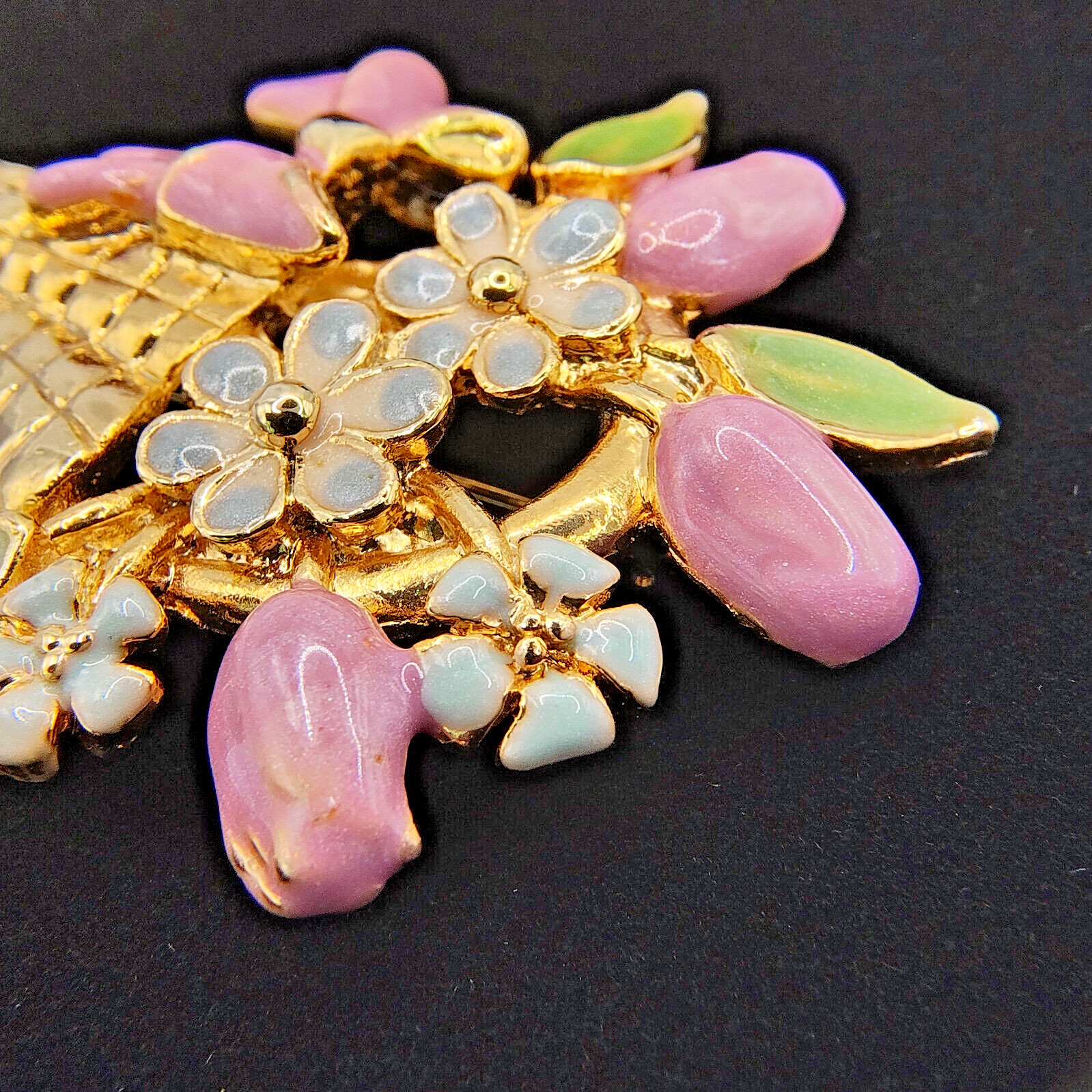 Vintage Flower Basket Brooch Pin Colorful Enamel Gold Tone Cottagecore
