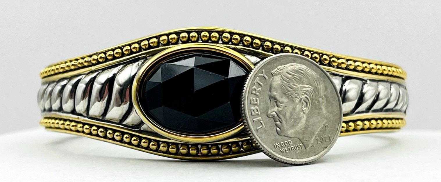 Vintage Silver and Gold Tone Hinged Bangle Bracelet Black Faceted Acrylic Stone