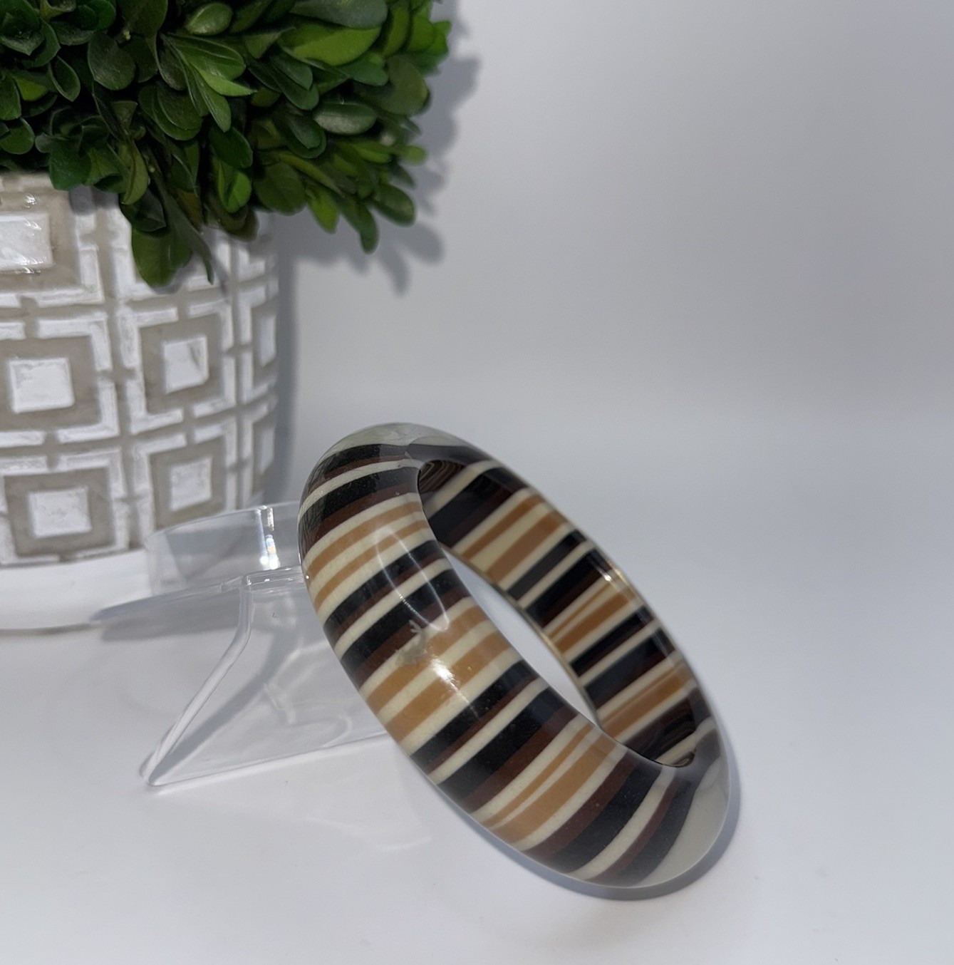 Vintage Wide Lucite Bangle Bracelet Brown Cream Black Striped 1980s Statement