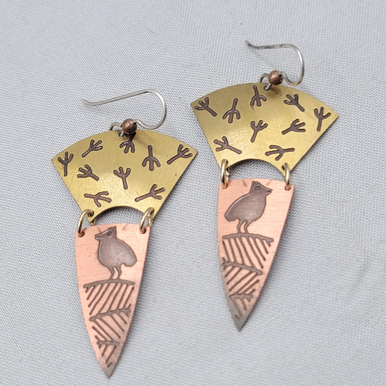 Vintage Bird Design Brass & Copper Pierced Earrings Dangle 2″