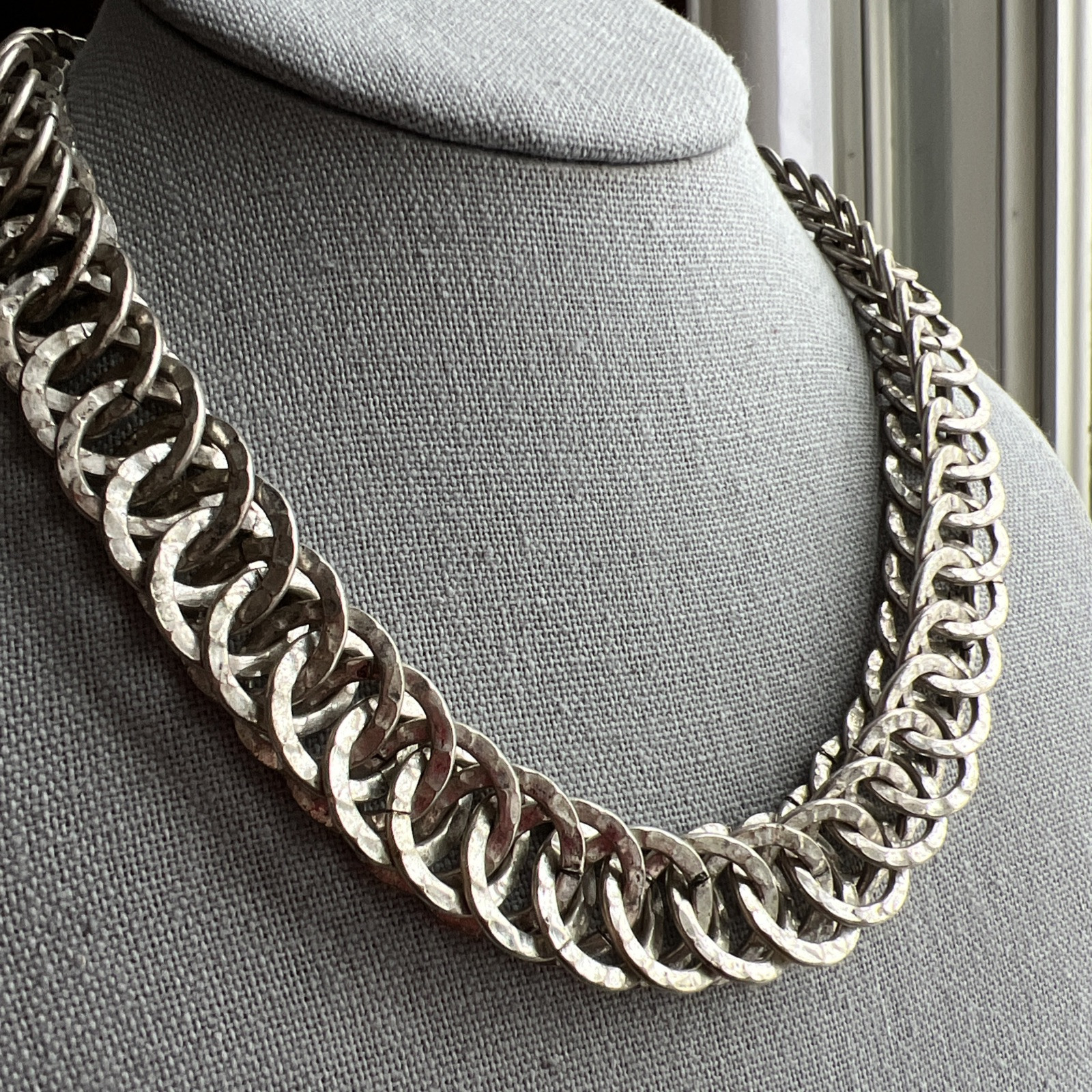 Vintage Double Link Silver Metal Necklace; Signed AV; Beautiful!
