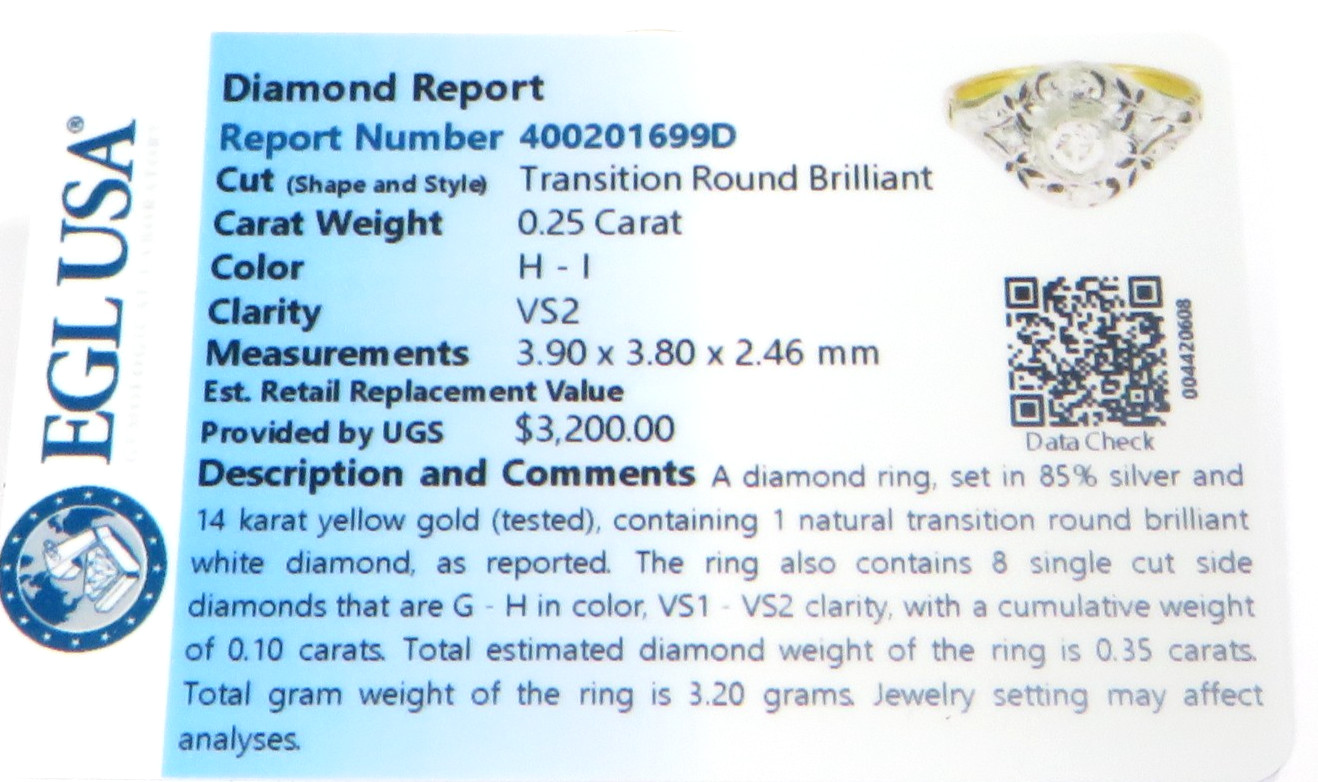 Victorian Edwardian 14KY Silver Diamond Engagement Ring Size 7 UK-N1/2 EGL USA