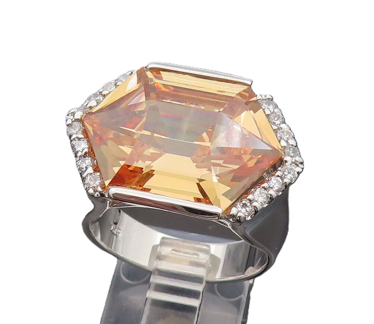 925 Silver Vintage Hexagon Citrine & Cubic Zirconia Ring Sz 10 RG26344