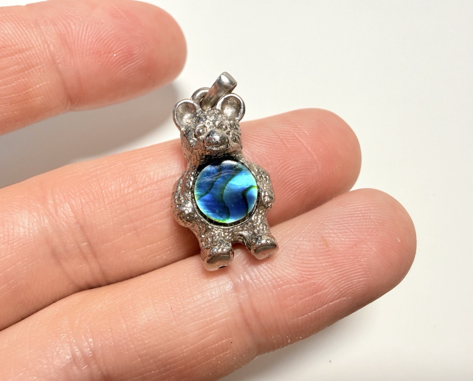 Vintage CHAN Bear Pendant Abalone Shell Paua Bear Charm Silver Tone