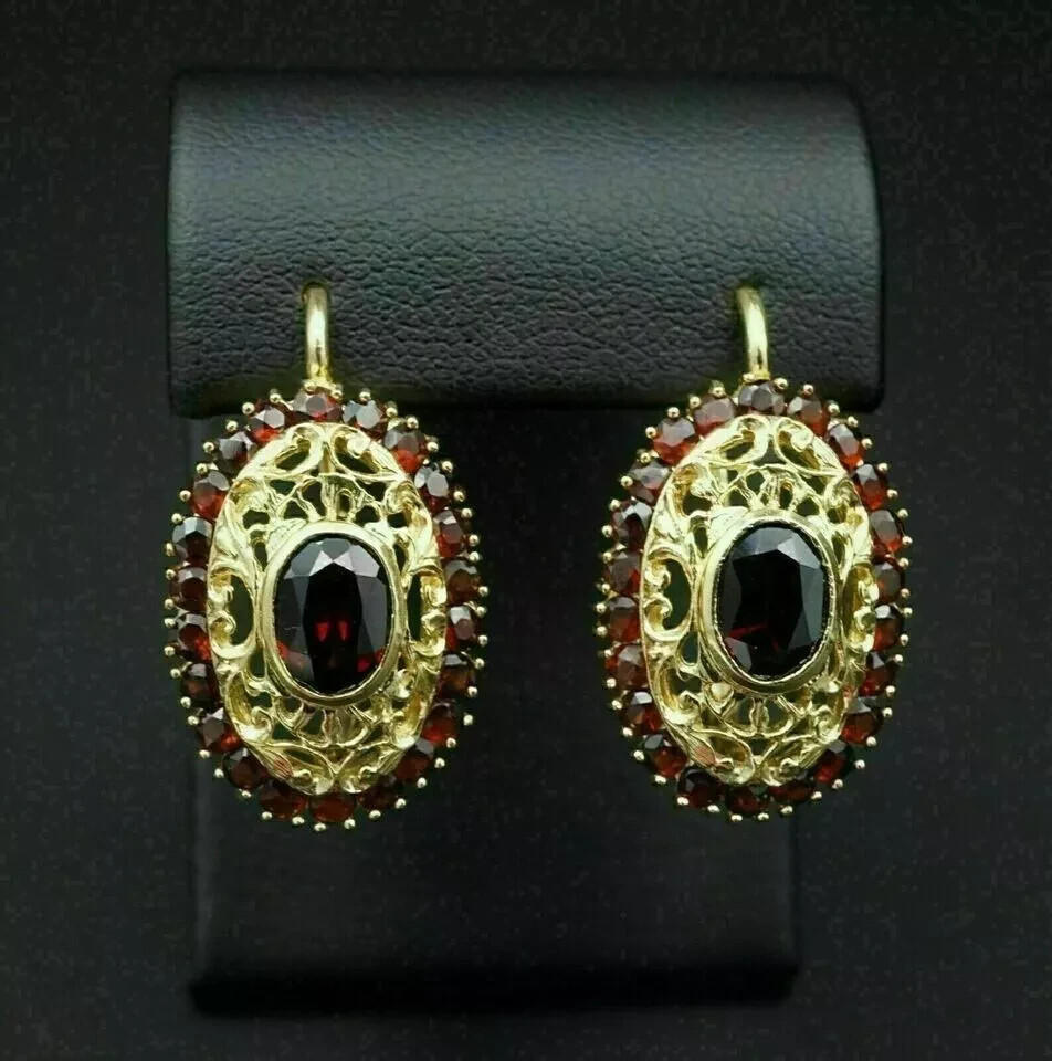 Vintage Style Oval Garnet Lab Created Diamond Wedding 14K Yellow Gold FN Earring